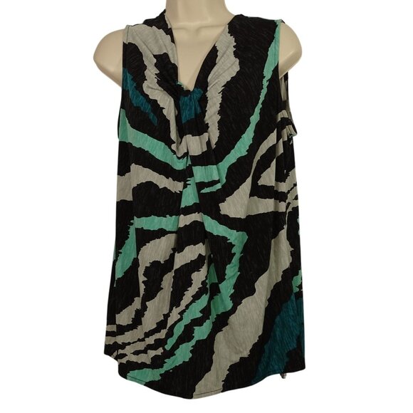 Worthington V-neck Sleeveless Printed Top Women Size L Green Black Career Shell - Picture 1 of 8